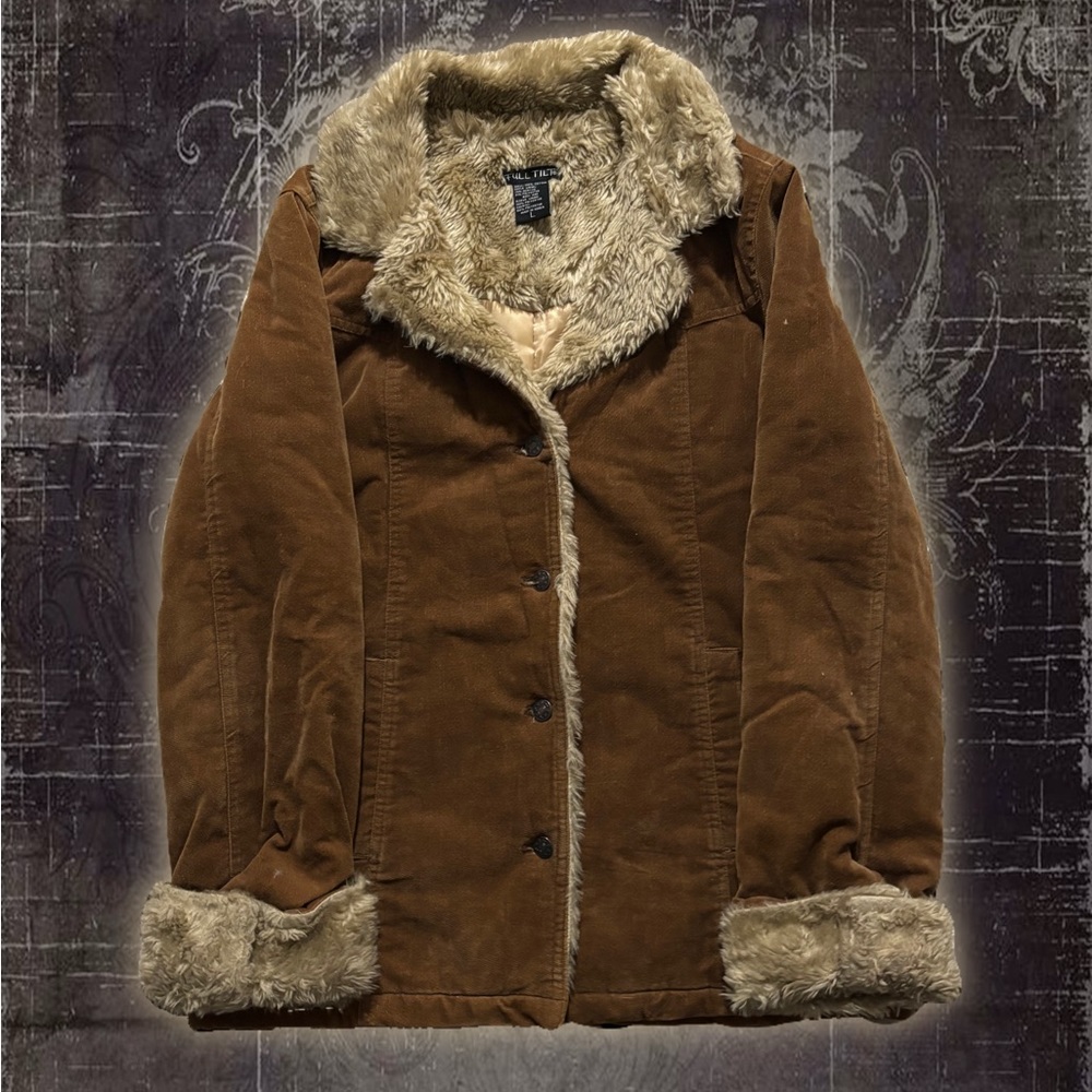 Brown corduroy jacket w/ faux fur trim and button closure